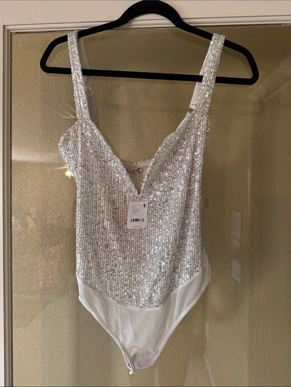 Free People White Sequin V-Neck Bandeau Bodysuit Small